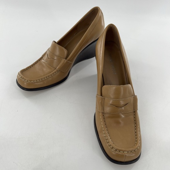 Nine West Shoes - Vintage 90s Nine West Wedge Womens Square Toe Pinched Loafers Nude Granny 9.5 M